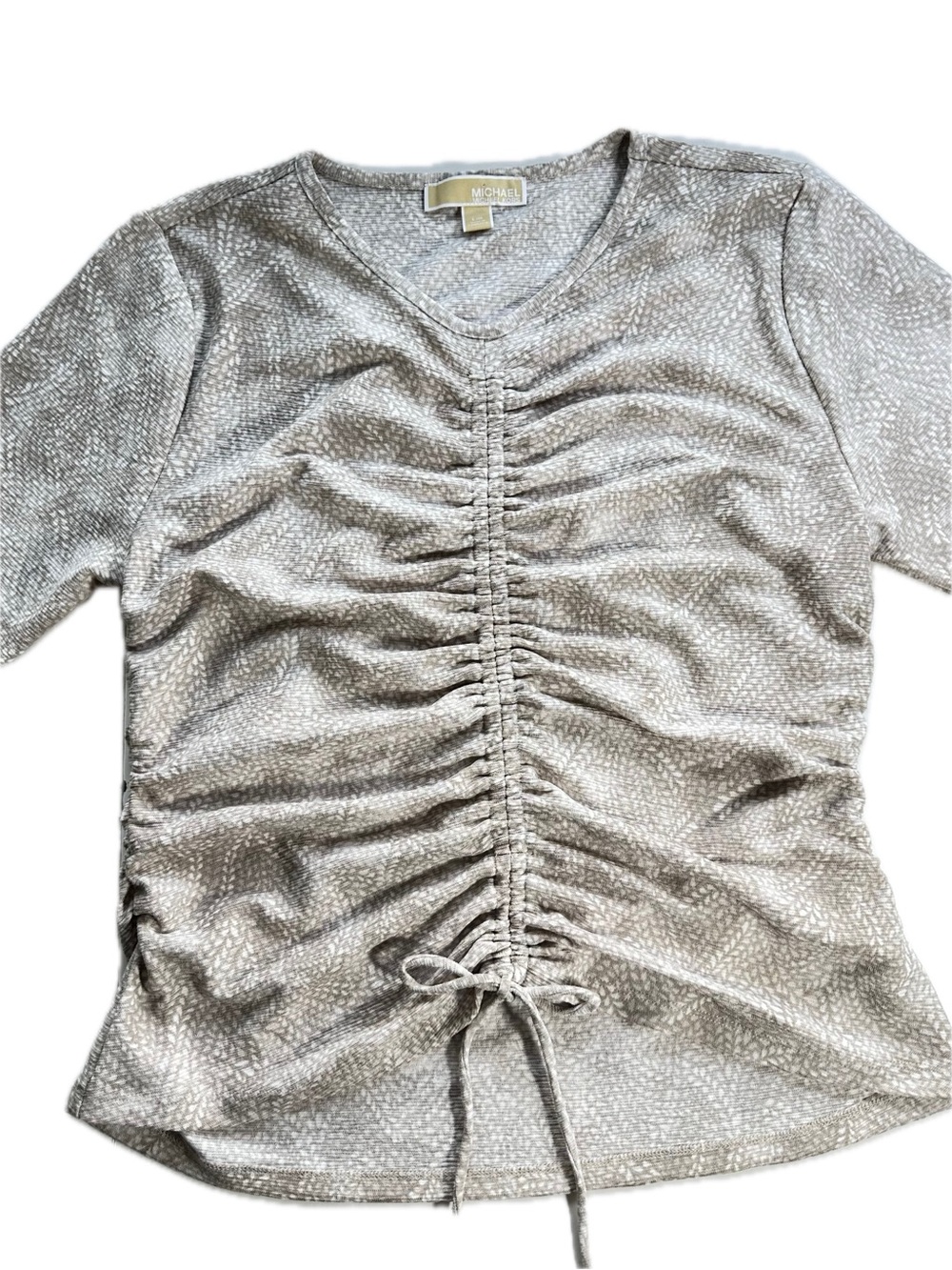 Michael Kors Ruched Cinched Top Blouse Short Sleeve White Beige Painterly Dot L